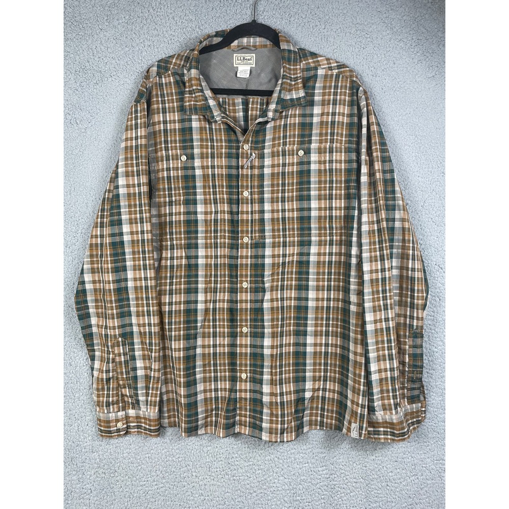 L.L. Bean Men's Plaid Long Sleeve Shirt Green Brown Size XXL Fishing Vented